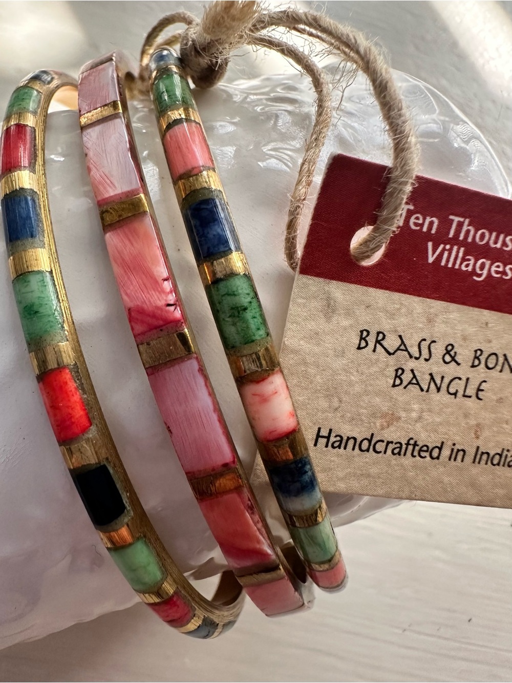 Brass And Bone Inlay Bangle Bracelets Set of 3 Multi-Color Handmade In India